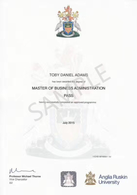 英國安格利亞魯斯金大學MBA學位證書樣本