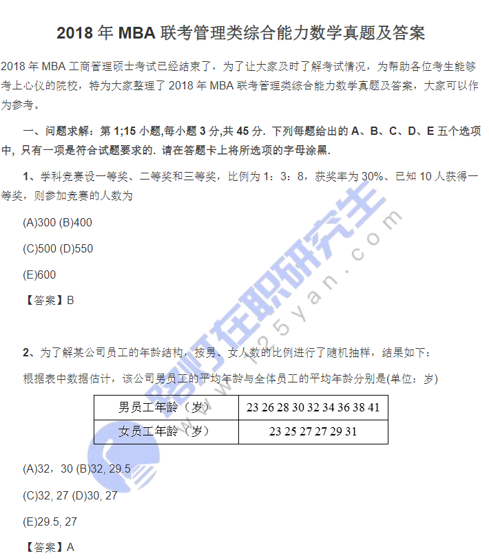 2018年MBA聯考管理類綜合能力真題及答案 2018年MBA聯考管理類綜合能力真題及答案