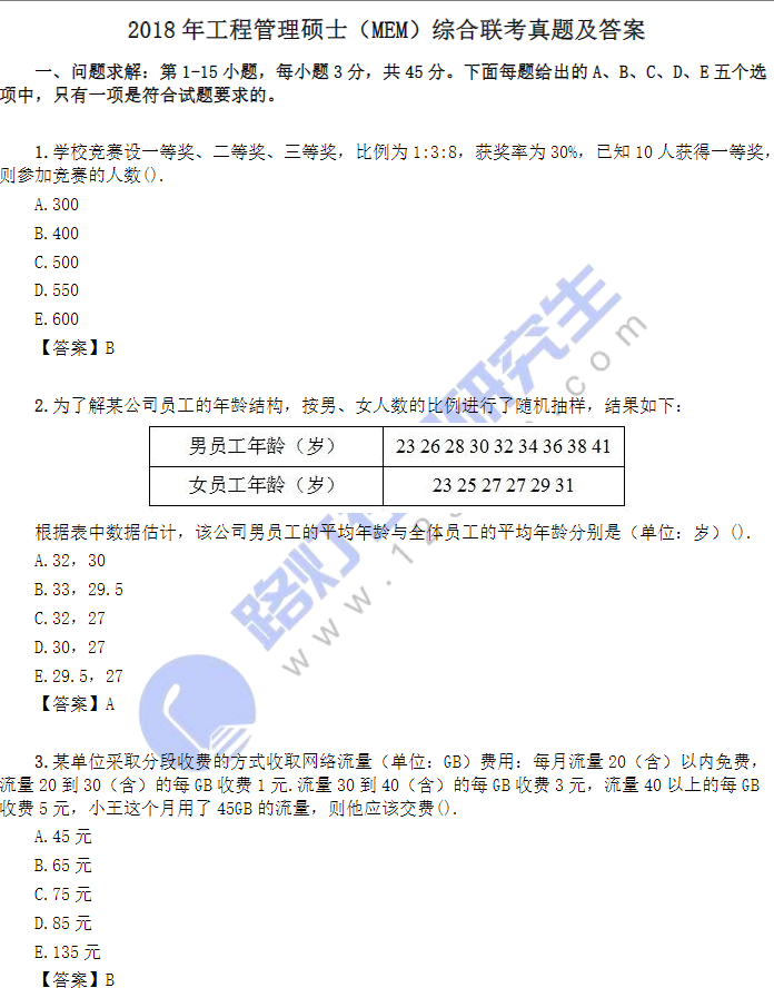 2018年工程管理碩士（MEM）綜合聯考真題及答案