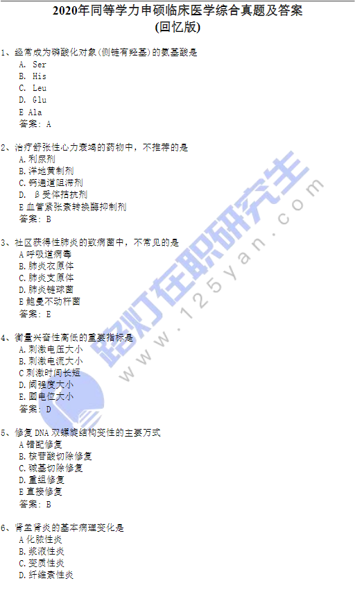 2020年同等學力申碩《臨床醫學綜合》真題及答案(回憶版) 2020年同等學力申碩《臨床醫學綜合》真題及答案(回憶版)