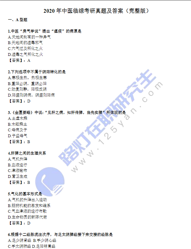 2020年中醫臨綜考研真題及答案(完整版) 2020年中醫臨綜考研真題及答案(完整版)