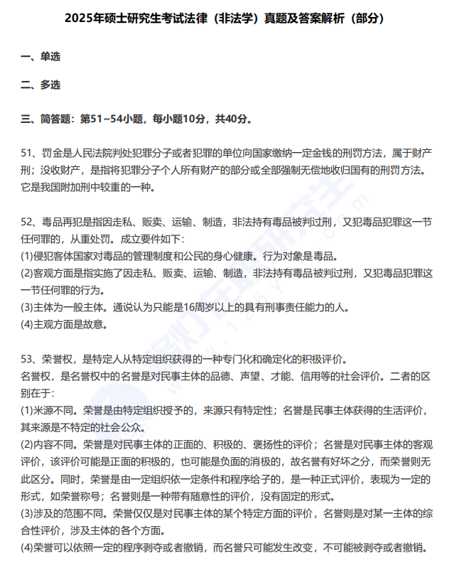 2025年碩士研究生考試法律(非法學(xué))真題及答案解析 2025年碩士研究生考試法律(非法學(xué))真題及答案解析